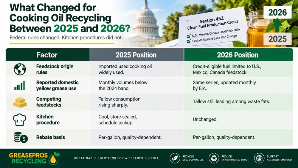 Infographic comparing Cooking Oil Recycling 2025 vs 2026 U.S. rules, highlighting changes in eligibility, import limits, blending rates, and reporting requirements.