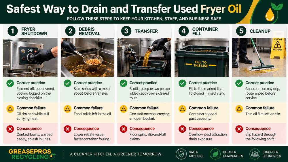 Infographic showing five steps to safely drain and transfer used fryer oil for Restaurant Fryer Oil Disposal in Florida, including shutdown, debris removal, transfer, containing, and cleanup—complete with tips, common failures, and consequences.