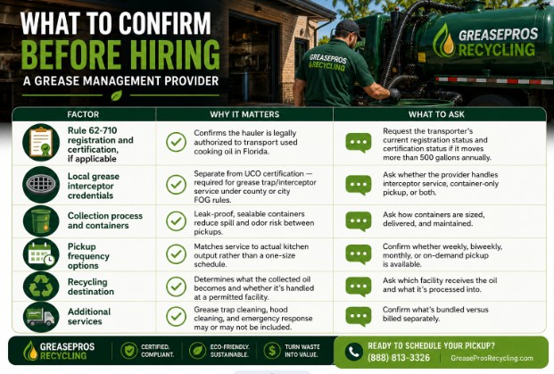 Infographic listing factors, their meanings, and questions to ask when hiring a grease management provider—featuring icons, a worker in uniform, and GreasePros Recycling branding—plus tips specific to Used Cooking Oil Recycling Palm Bay FL.