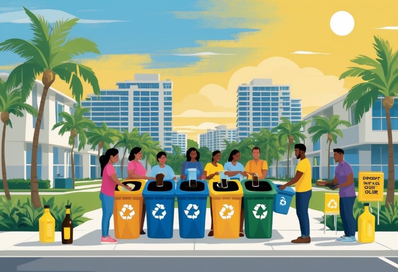 Residents follow the Miami-Dade residential guide, sorting recyclables—and using a cooking oil drop off bin—on a sunny city street lined with palm trees and modern buildings.