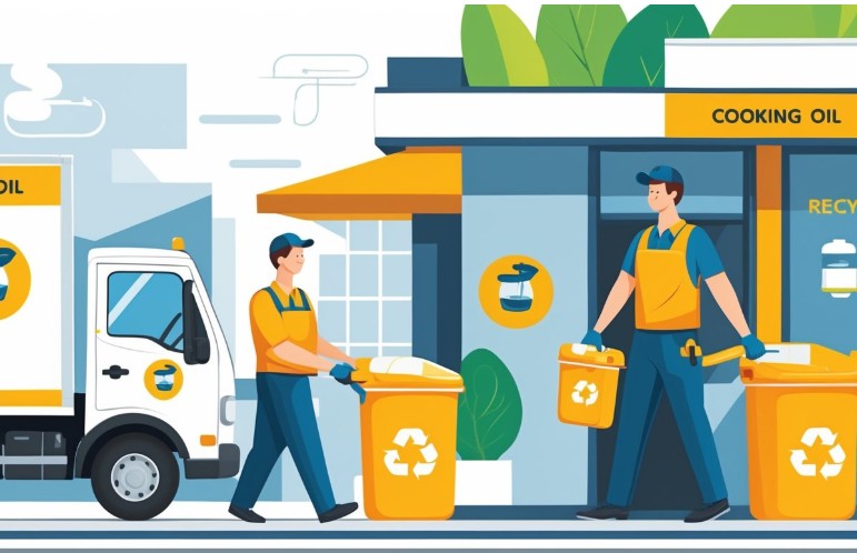 Two workers in uniforms collect and transport recycling bins labeled for cooking oil at a Cooking Oil Drop-Off site outside a building, with a recycling truck parked nearby.