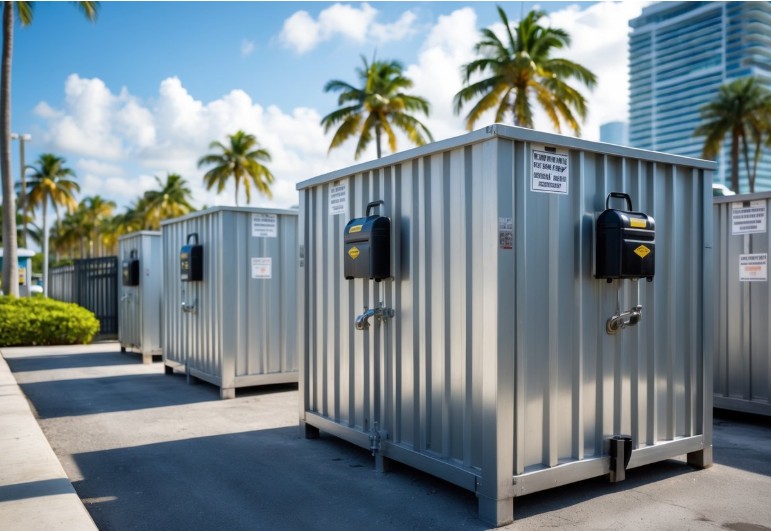 Several large metallic handwashing stations with mounted soap dispensers, resembling locked containers, are arranged outdoors on a sunny Miami-Dade day, with palm trees and tall buildings in the background.