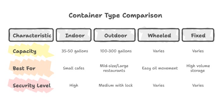 Comparison chart of indoor, outdoor, wheeled, and fixed containers for Used Cooking Oil Collection in Miami-Dade, highlighting capacity, best use cases, and security level with options like Locked Containers.