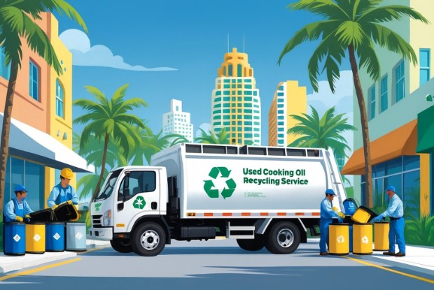 A used cooking oil recycling truck is parked on a sunny Miami street as workers in uniforms collect oil from large labeled containers. Palm trees and tall buildings add to the scene, highlighting efficient recycling in the city.