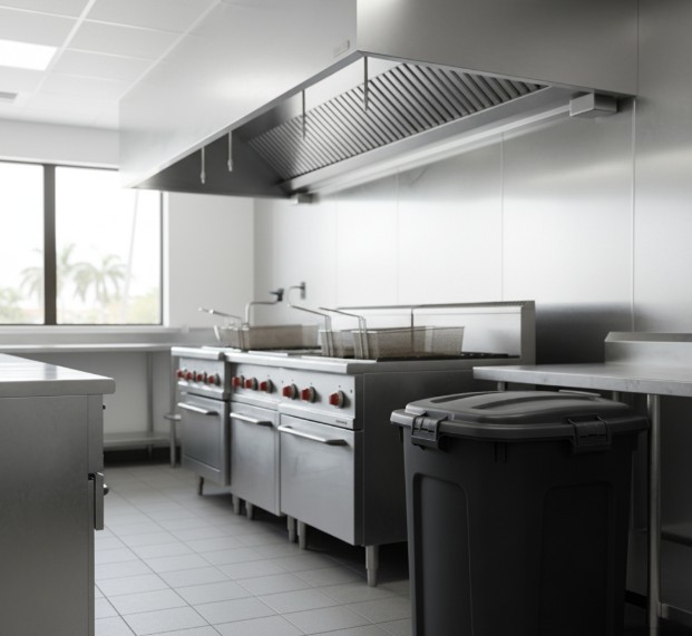 A commercial kitchen in Delray Beach with stainless steel appliances, deep fryers, a stovetop, a trash bin, large windows letting in natural light, and access to reliable grease collection services.