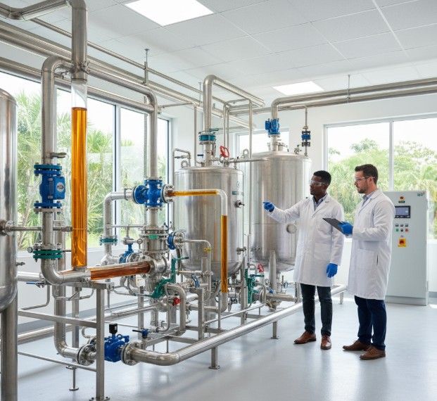 Two scientists wearing lab coats and gloves examine stainless steel industrial equipment and control panels related to Grease Recycling in a bright Delray Beach laboratory with large windows.