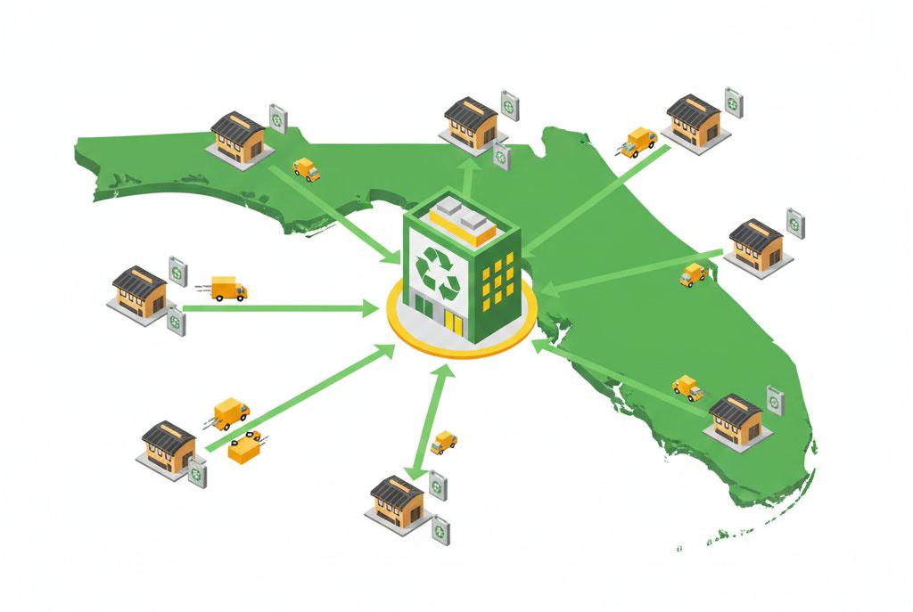 Illustration of a recycling center in Florida with green arrows connecting to various buildings, trucks, and franchise restaurants, highlighting a statewide network for used cooking oil pickup and recycling.