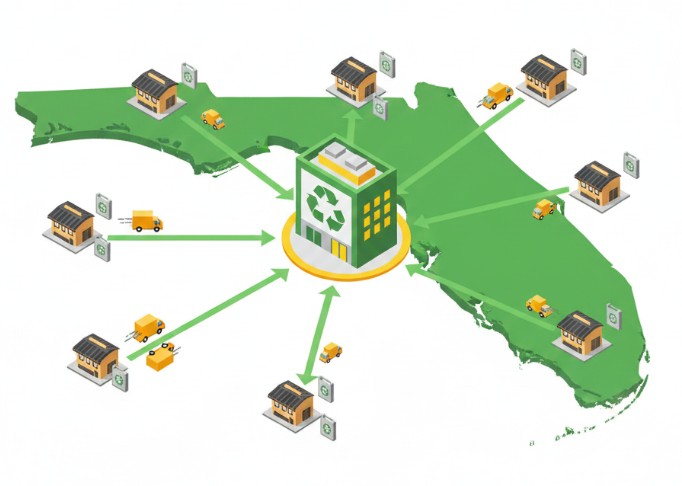 Diagram showing a recycling facility at the center of a map, connected by green arrows to multiple smaller buildings, illustrating a Florida hotel used cooking oil pickup & recycling collection network with trucks.