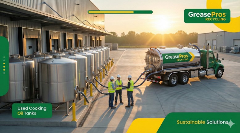 A GreasePros Recycling truck provides Used Cooking Oil Pickup Florida for Processing Plants & Food Factories, collecting oil from multiple storage tanks outside an industrial building as three workers oversee the process.