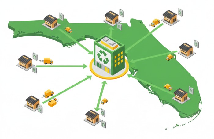 Illustration of a recycling center in Florida, with arrows connecting to warehouses and trucks—highlighting a Used Cooking Oil Pickup Florida network for processing plants and food factories across the state.