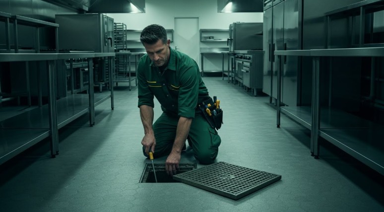 A maintenance worker kneels on the floor of an industrial kitchen, using a tool to inspect an open floor drain—a typical scene during commercial drain cleaning in Florida.