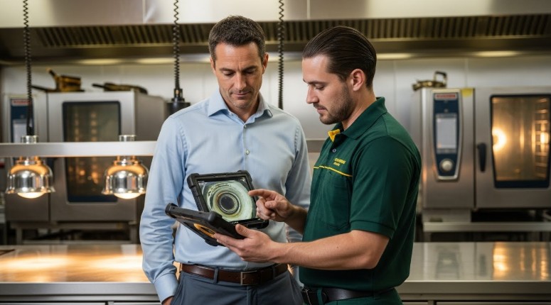 Two men stand in a commercial kitchen, one holding a tablet and showing it to the other. Industrial ovens and stainless steel counters are visible in the background, highlighting the importance of regular Commercial Drain Cleaning Florida.