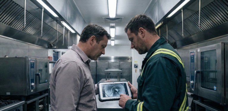 Two men stand in a commercial kitchen while one shows the other an image of a vent system on a tablet, discussing Commercial Drain Cleaning Florida solutions.
