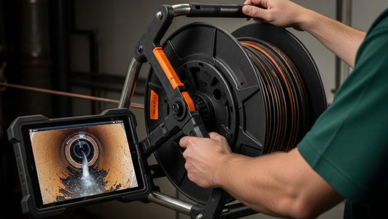 A person operates a pipe inspection camera reel, viewing a live feed of water flowing inside the pipe on a connected tablet—an essential step in Commercial Drain Cleaning Florida.