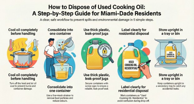 Infographic with five steps for used cooking oil disposal in Miami-Dade County: cool, consolidate, use thick plastic bottles, take to residential disposal site, and store upright in a tray or bin—simple environmental tips for your kitchen.