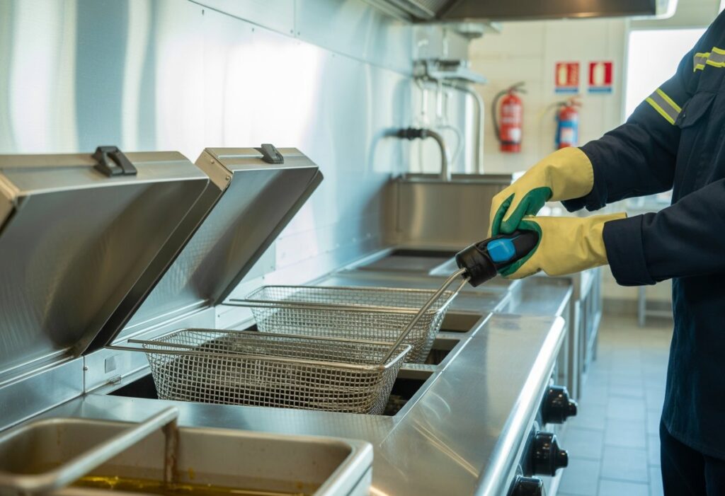 A person wearing gloves and uniform handles a fryer basket in a commercial kitchen equipped with multiple deep fryers and safety equipment, emphasizing cost and safety in daily operations.