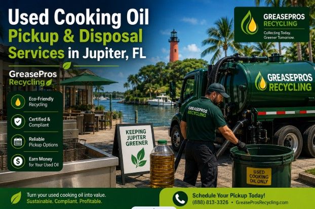 Worker transfers used cooking oil into a GreasePros Recycling truck near the waterfront with palm trees and lighthouse; signs promote eco-friendly services and emphasize reliable used cooking oil pickup in Jupiter, FL.