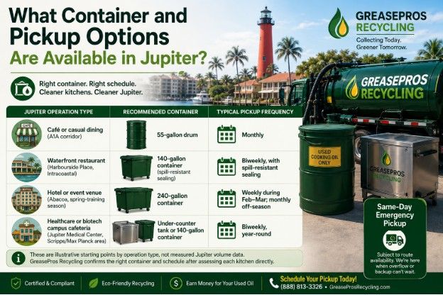 Infographic showing container and pickup options for grease recycling in Jupiter, including used cooking oil pickup Jupiter FL, with images of bins, a recycling truck, and service details for various locations and frequencies.