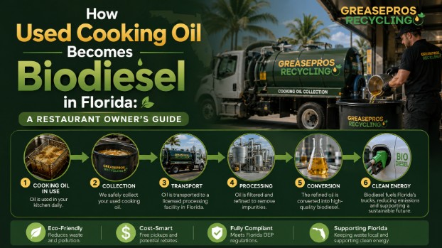 Infographic explaining how used cooking oil is collected and recycled into biodiesel in Florida, with labeled steps, icons, and images of collection and processing equipment.