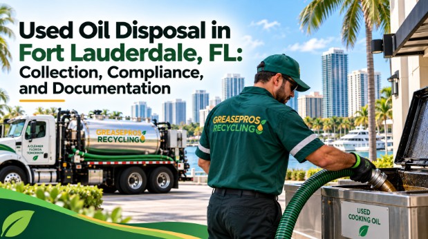 A worker in Greasepros Recycling uniform handles Fort Lauderdale used oil disposal outdoors, with a recycling truck and the city’s iconic skyline in the background.