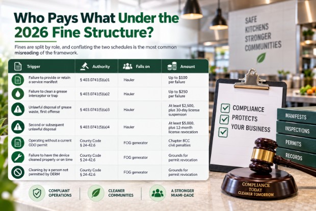 Comparison chart of 2026 fine structure for haulers and FOG generators, showing fines, triggers, and authority; with Miami-Dade restaurant compliance materials and a gavel in the background—emphasizing the importance of managing grease regulations.