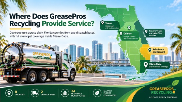 A GreasePros Recycling truck, Florida’s trusted grease waste hauler, is parked by a scenic waterfront. A map highlights service areas in several Florida counties, with city names and service icons indicating where used cooking oil is collected and recycled.