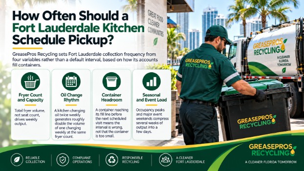 A GreasePros Recycling worker collects a green container from a kitchen. Text explains factors affecting Fort Lauderdale used oil disposal and kitchen grease pickup frequency in the area.