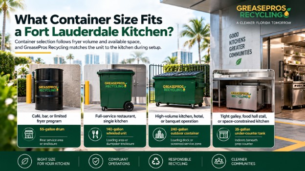 Comparison chart showing four GreasePros Recycling containers of different sizes for varying kitchen needs, with descriptions for each container type and matching kitchen or restaurant size—ideal for Fort Lauderdale used oil disposal solutions.