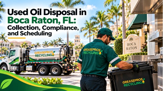 A GreasePros Recycling worker collects used oil in Boca Raton, FL, with a recycling truck and palm trees in the background. Text highlights professional Boca Raton used oil disposal services.