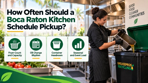 A kitchen worker pours oil into a recycling bin, illustrating proper Boca Raton used oil disposal practices. The text discusses factors influencing Boca Raton kitchen pickup schedules: fryer use, oil change frequency, container space, and seasonal demand.
