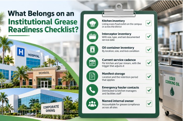 A checklist on a clipboard lists items for institutional grease readiness, with icons. The background shows institutional kitchens in South Florida—including hospitals, schools, corporate dining buildings—and a kitchen with a used cooking oil container, highlighting best practices for effective grease management.
