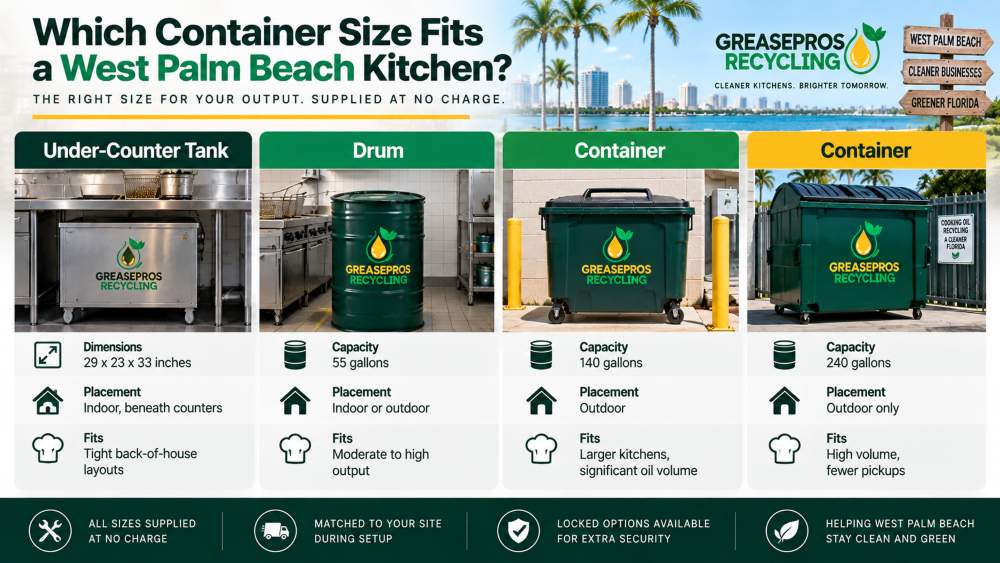 Comparison chart showing three sizes of GreasePros Recycling containers with features, dimensions, and recommended kitchen types for each—including under-counter tank, drum, and two container sizes—ideal for businesses arranging used cooking oil pickup in West Palm Beach.