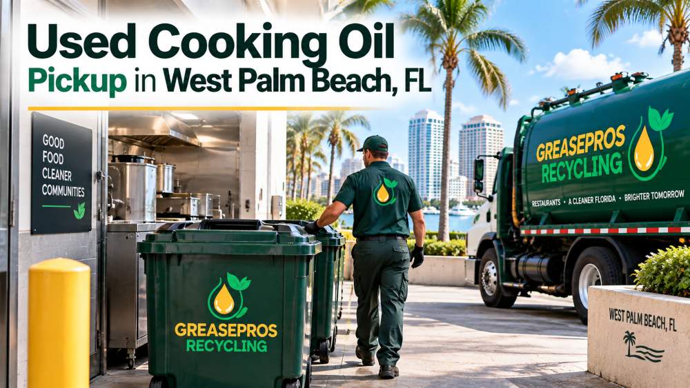 A worker in a green uniform efficiently handles used cooking oil pickup in West Palm Beach, collecting bins next to a Greasepros Recycling truck. Tall buildings and palm trees provide a distinctive backdrop.
